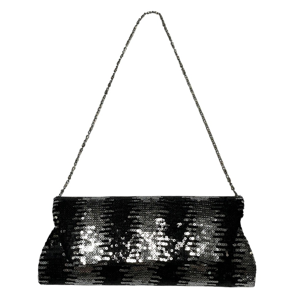 Jessica McClintock Sequin Evening Bag Purse Clutch Black Silve Gala Cocktail